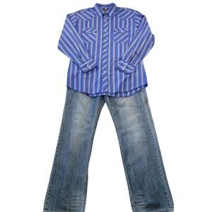 VTG 90s Wrangler Pearl Snap Blue Striped Western Shirt Cowboy Ranch Large EUC